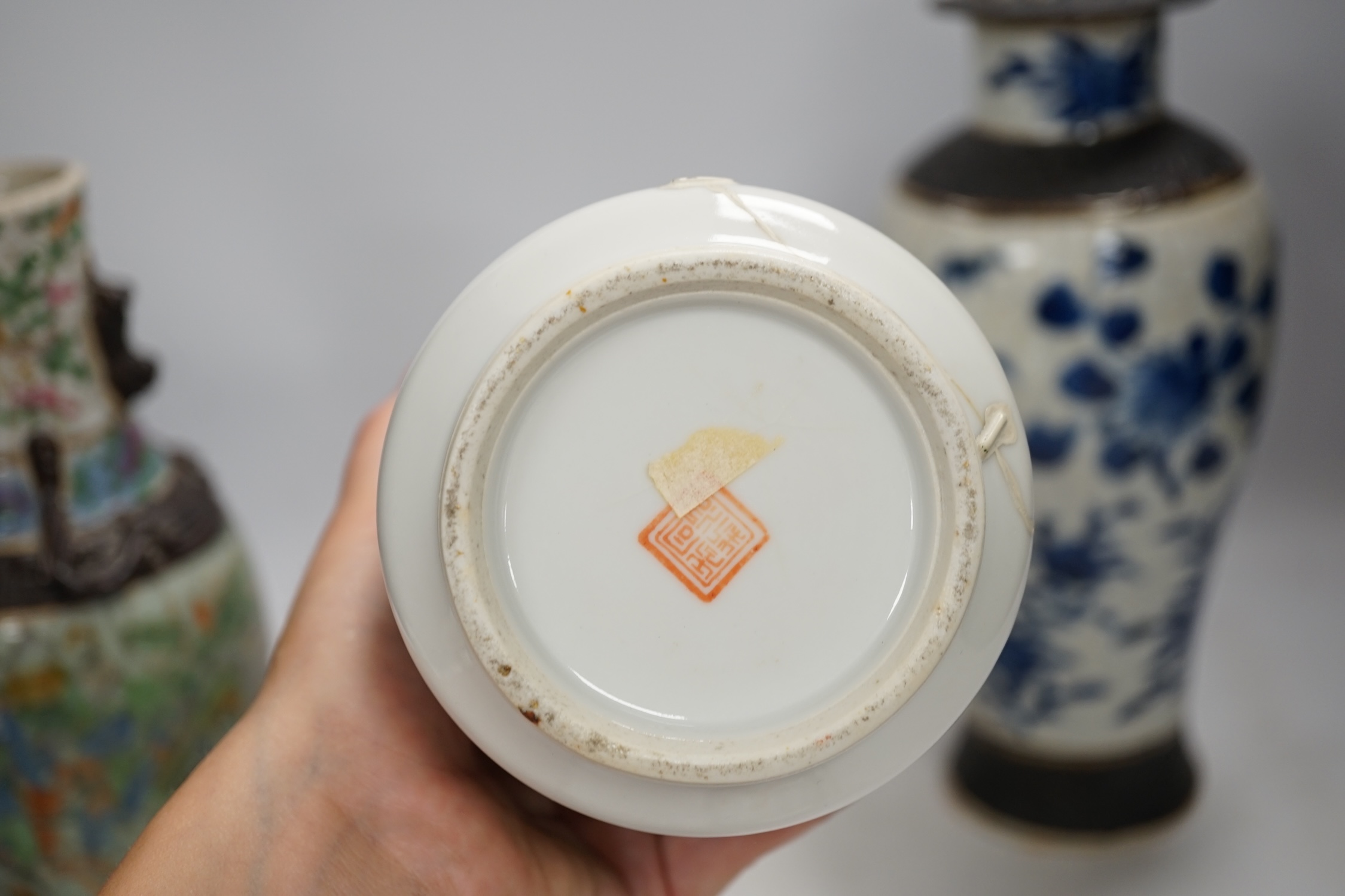 Three pairs of Chinese vases, a teapot, two bowls and a pair of miniature Satsuma vases, tallest item crackleware vases and covers 32cm high. Condition - poor